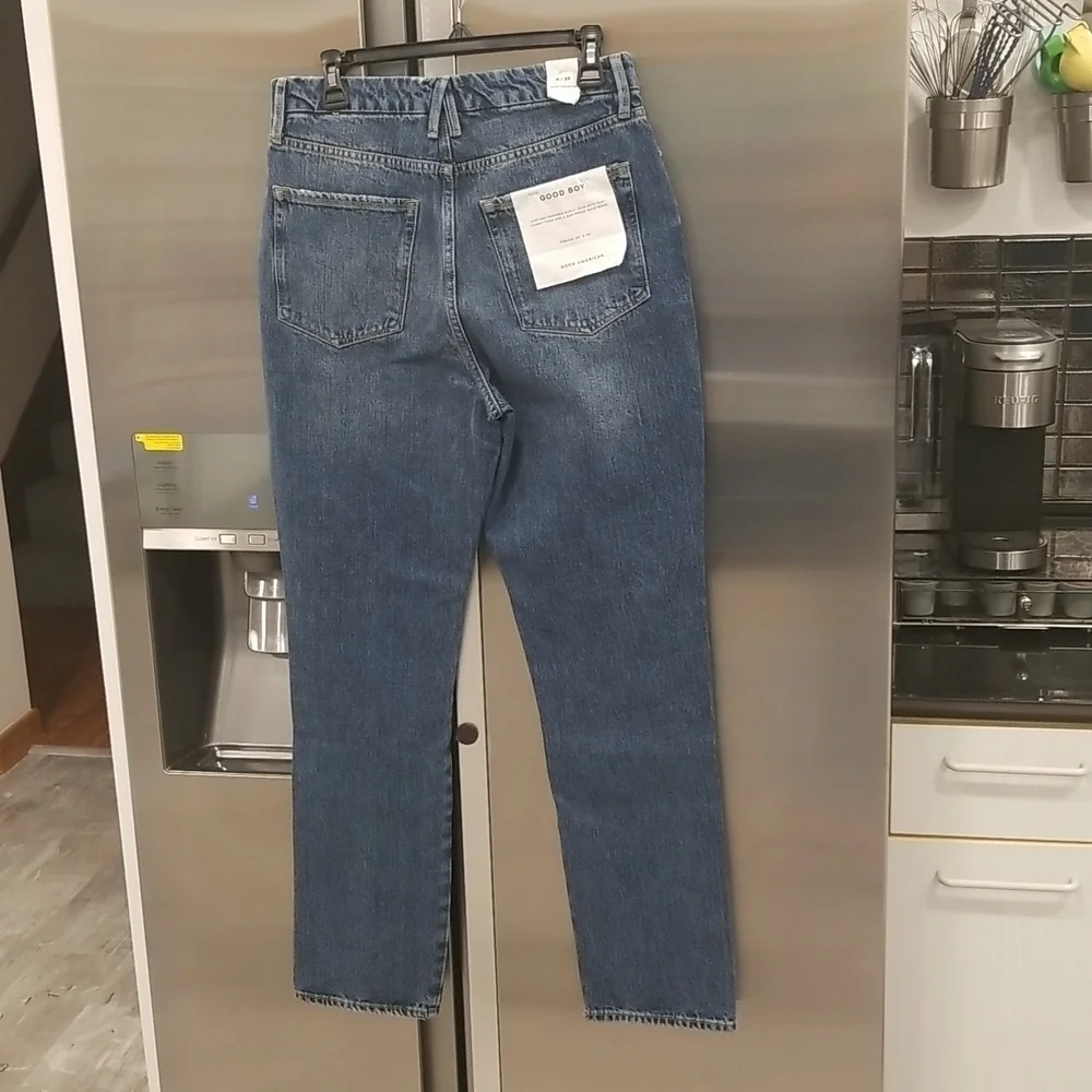 💕GOOD AMERICAN💕 Good Boy Side Frayed Straight Leg Jeans ~ Blue 818 8/29 NWT